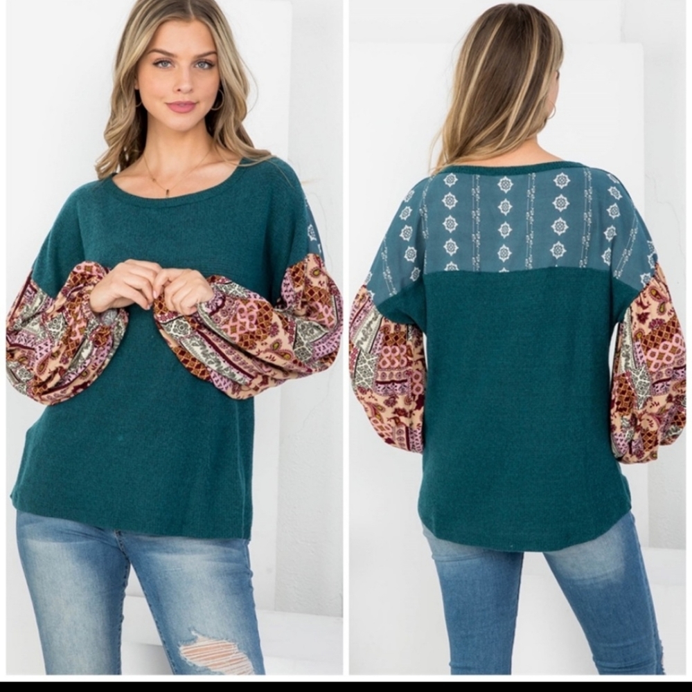 🔥SALE🔥 Boutique tops, balloon sleeve Patchwork design. Waffle knit. - Picture 2 of 3